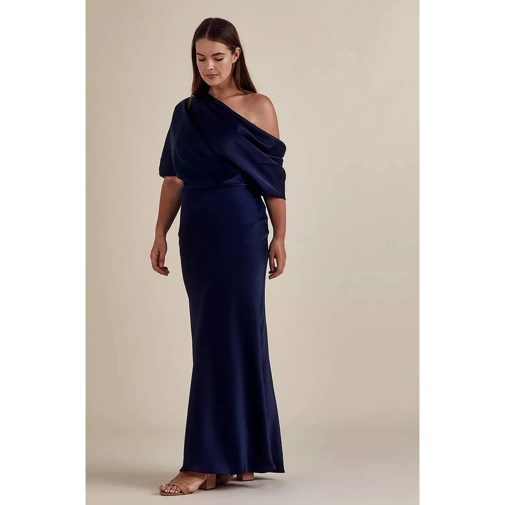 Amsale Navy Blue Draped One Shoulder P359S The Slouch Dress Gown size 6
